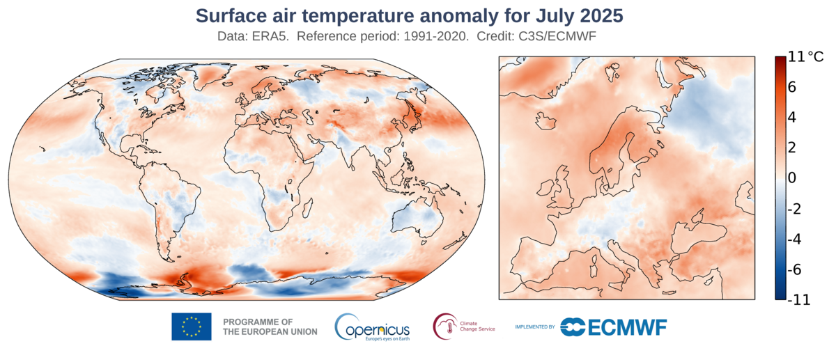 2m air temperature anomalies in July 2025 for the globe and continental Europe. Source: C3S/ERA5